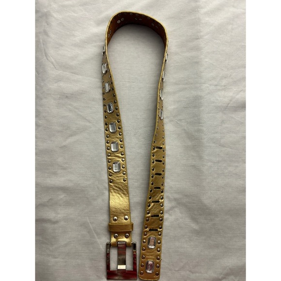 Accessories - Gold Metallic Leather Studded Crystal Belt Silver Buckle Y2K Glam Boho 40 Inch